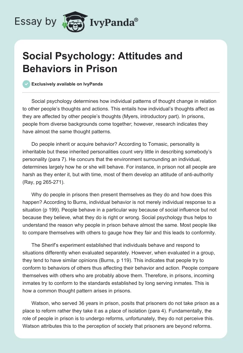 Social Psychology: Attitudes and Behaviors in Prison. Page 1
