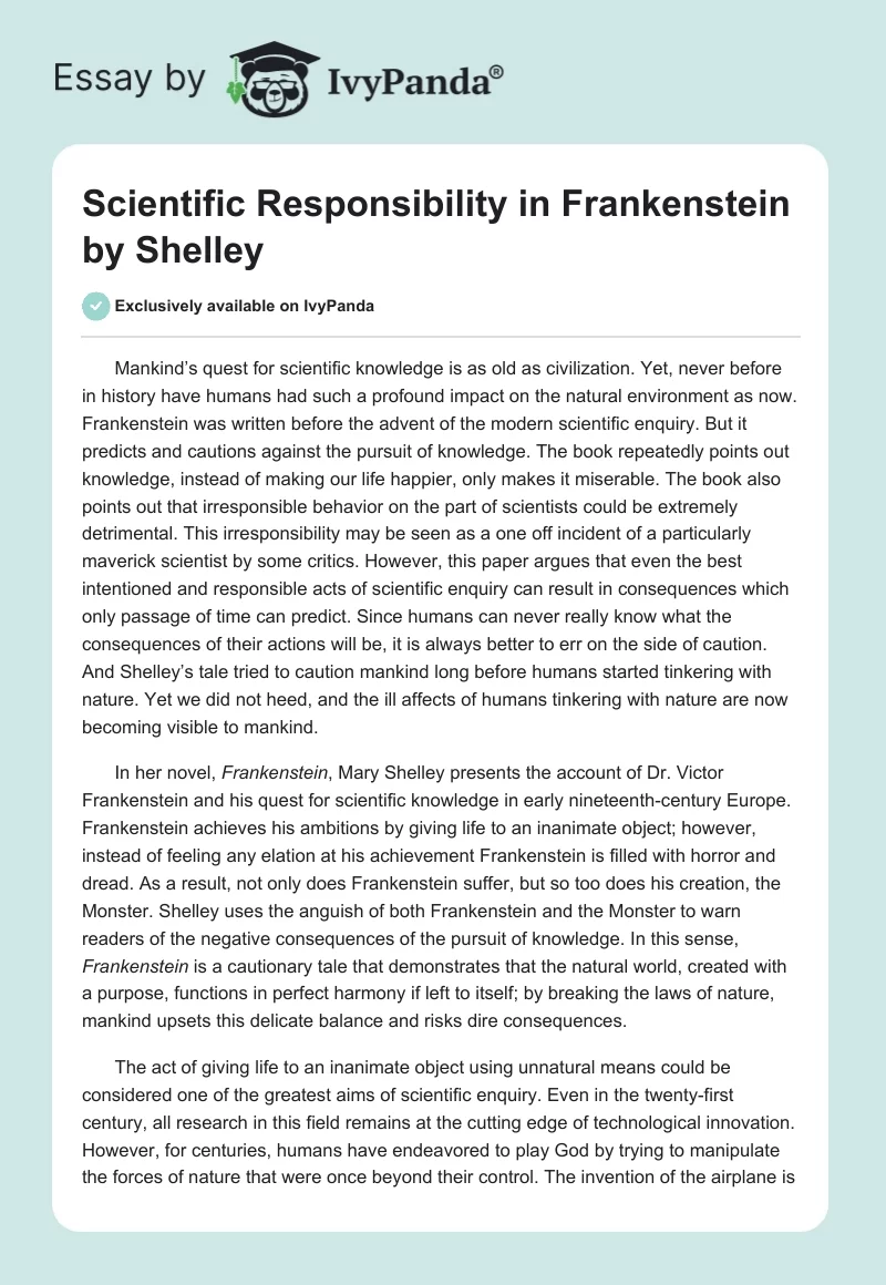 Scientific Responsibility in "Frankenstein" by Shelley. Page 1