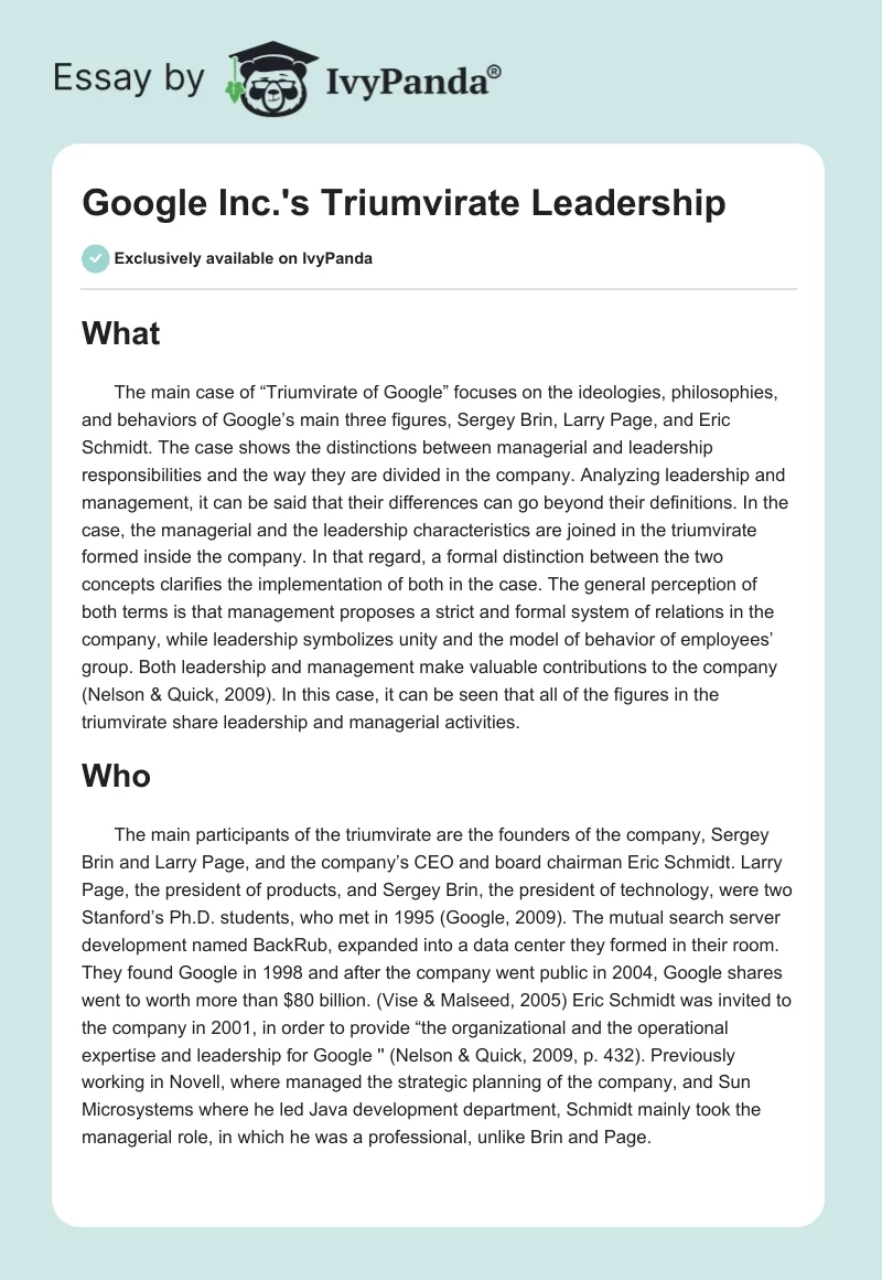 Google Inc.'s Triumvirate Leadership. Page 1