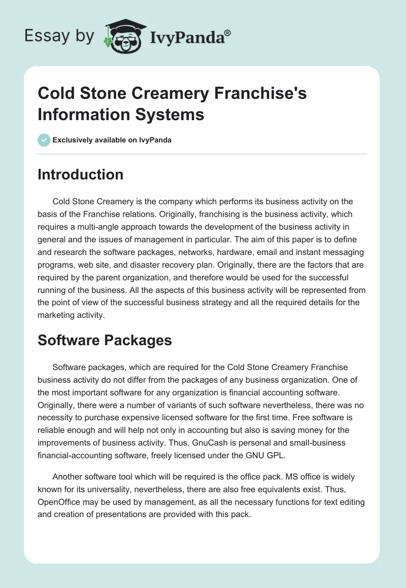 Cold Stone Creamery Franchise's Information Systems. Page 1