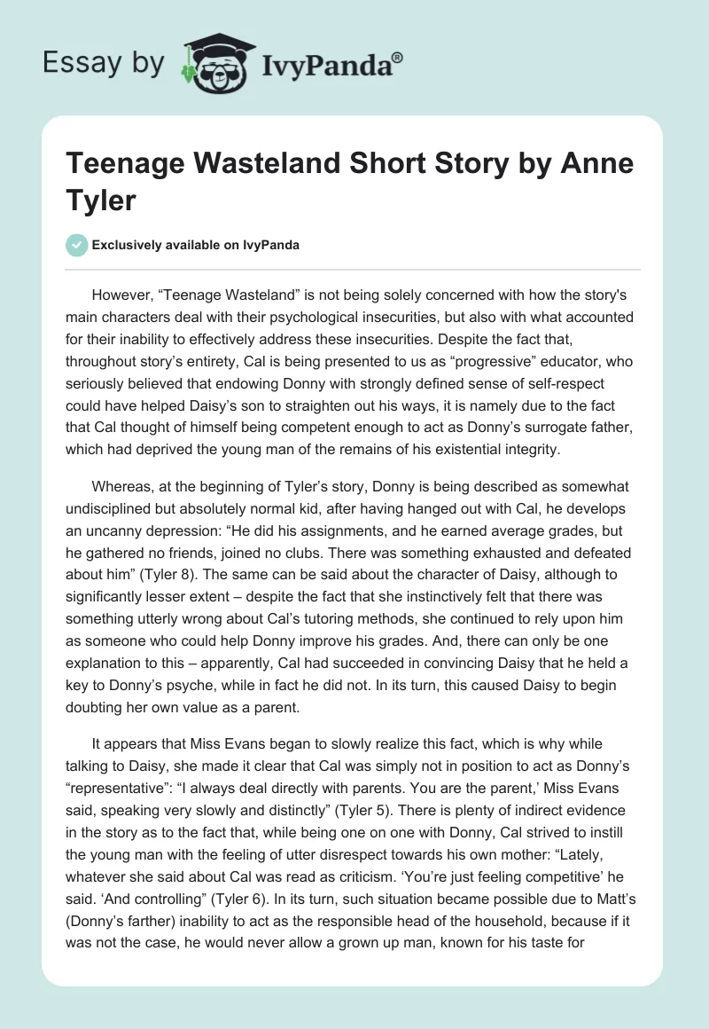 "Teenage Wasteland" Short Story by Anne Tyler. Page 1