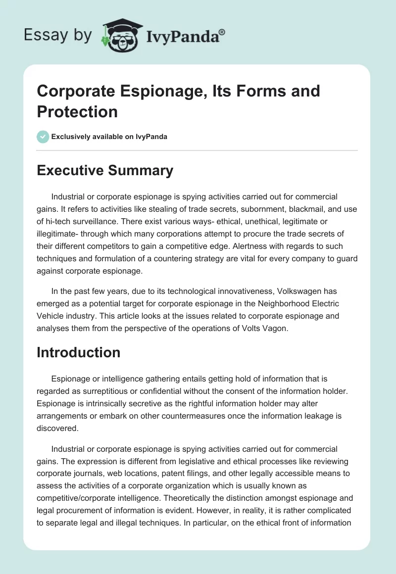 Corporate Espionage, Its Forms and Protection. Page 1