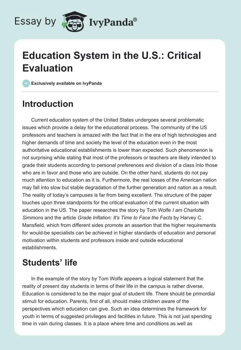 Education System in the U.S.: Critical Evaluation. Page 1