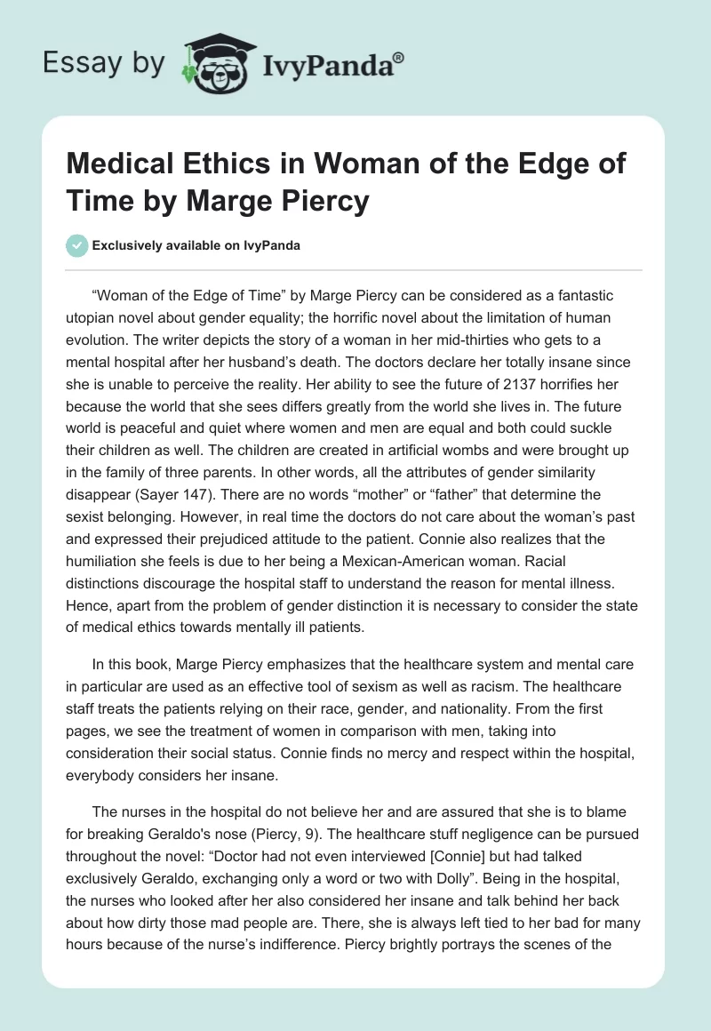 Medical Ethics in "Woman of the Edge of Time" by Marge Piercy. Page 1