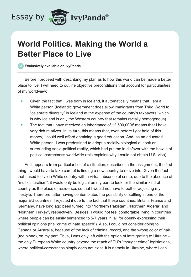 World Politics. Making the World a Better Place to Live. Page 1