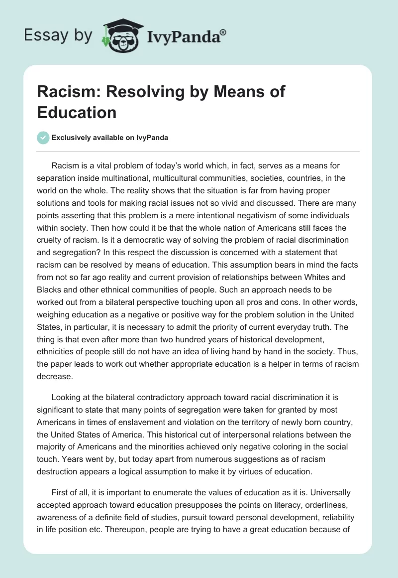 Racism: Resolving by Means of Education. Page 1