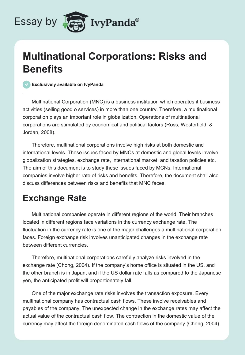 Multinational Corporations: Risks and Benefits. Page 1