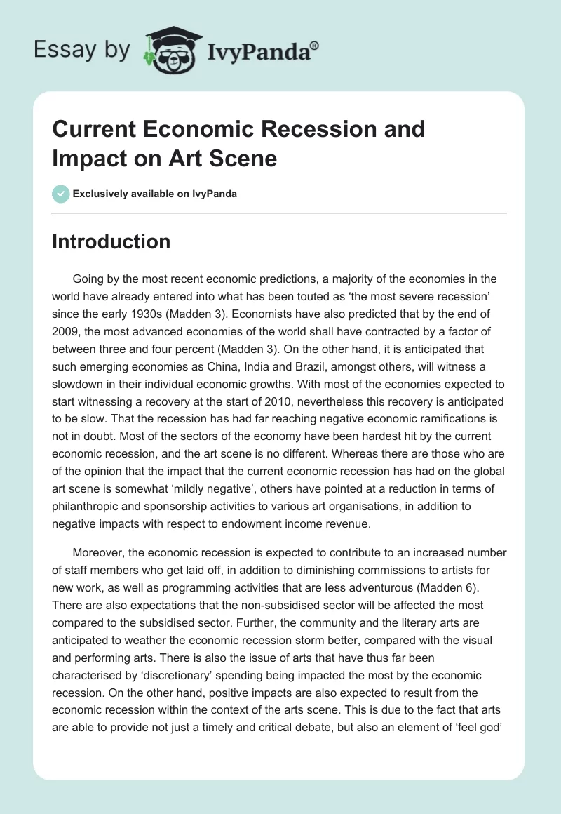Current Economic Recession and Impact on Art Scene. Page 1