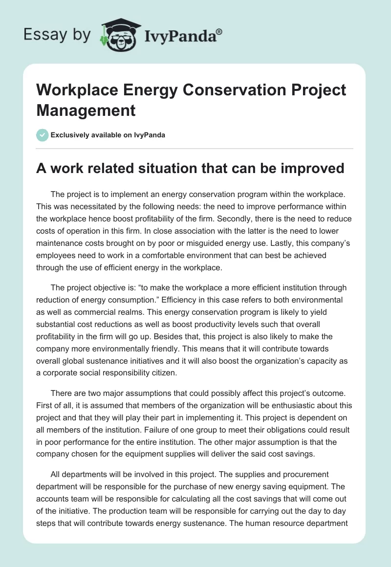 Workplace Energy Conservation Project Management. Page 1