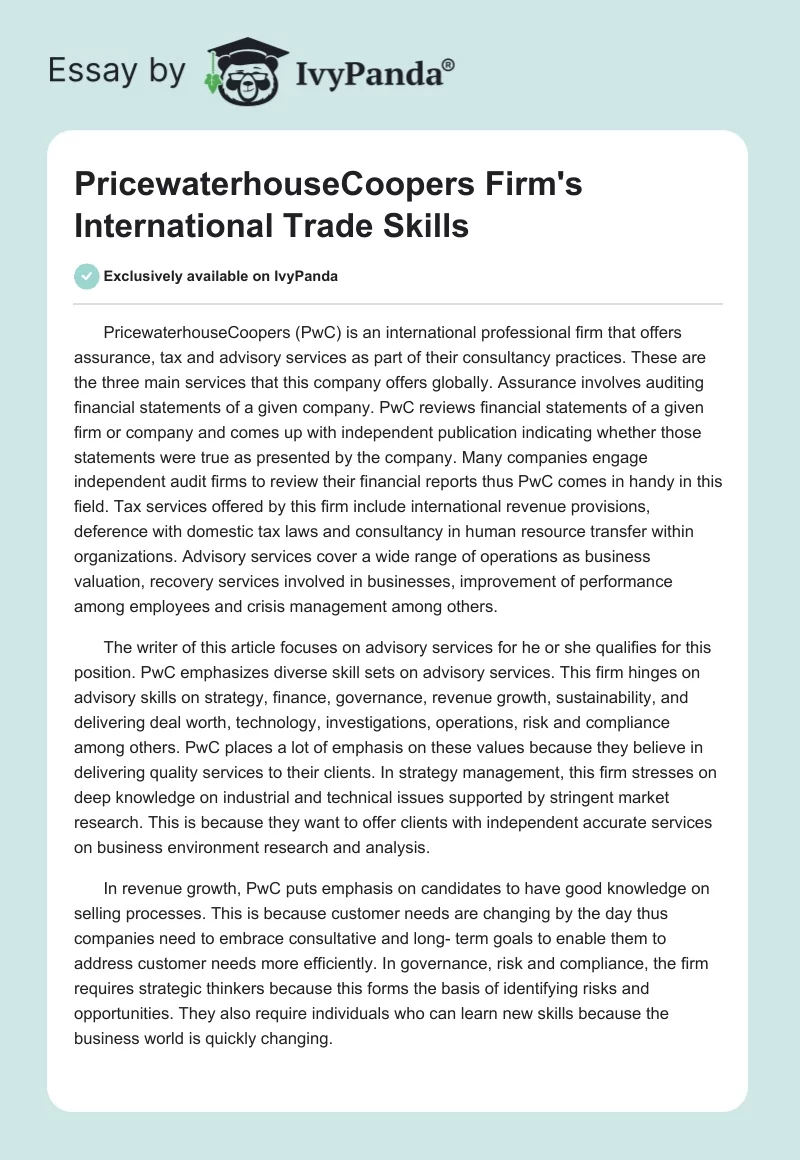 PricewaterhouseCoopers Firm's International Trade Skills. Page 1