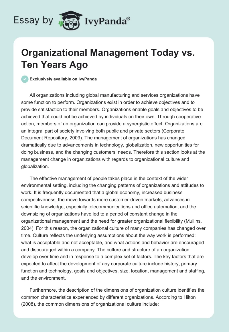 Organizational Management Today vs. Ten Years Ago. Page 1