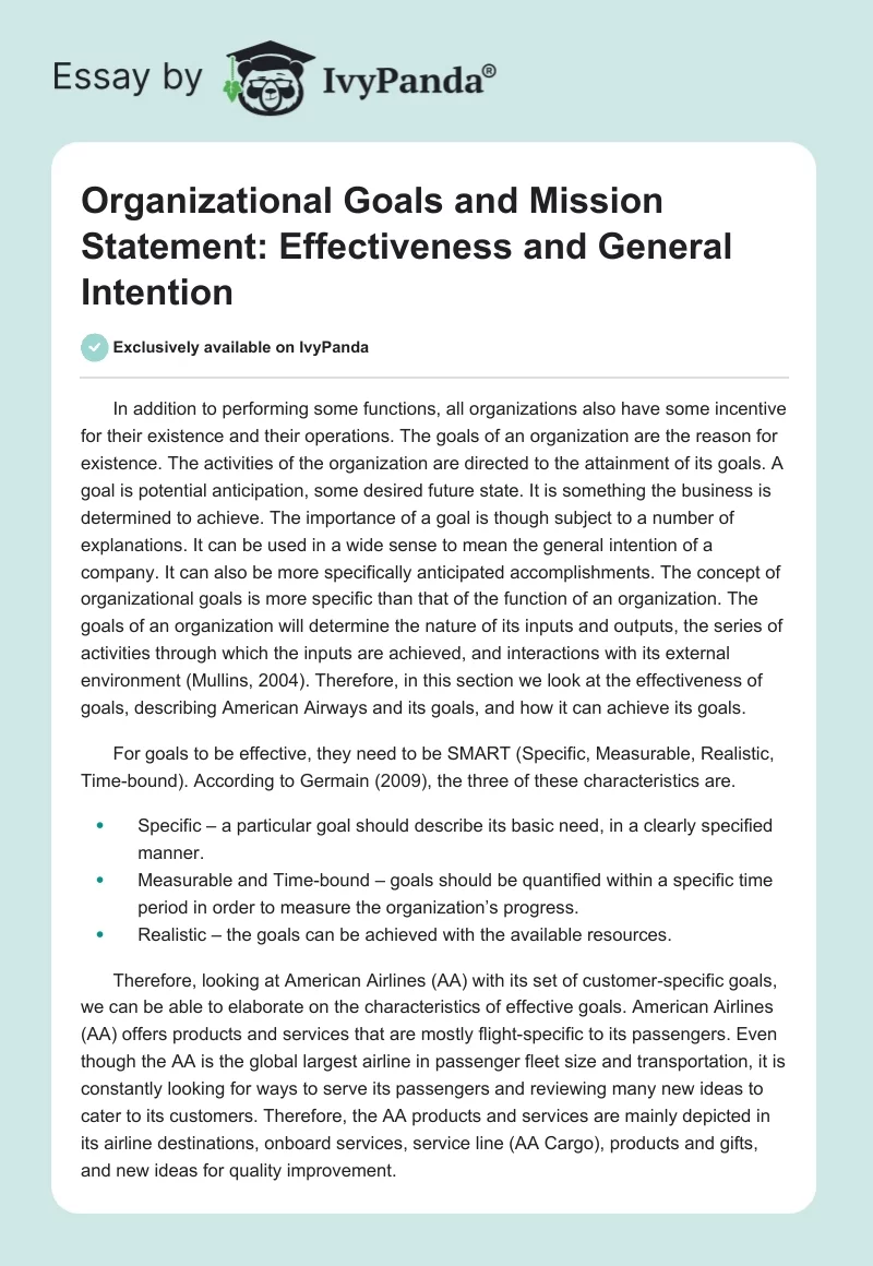 Organizational Goals and Mission Statement: Effectiveness and General Intention. Page 1