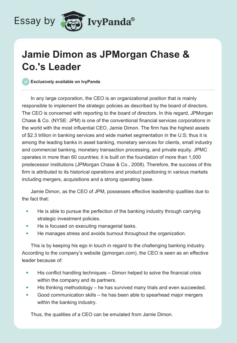 Jamie Dimon as JPMorgan Chase & Co.'s Leader. Page 1