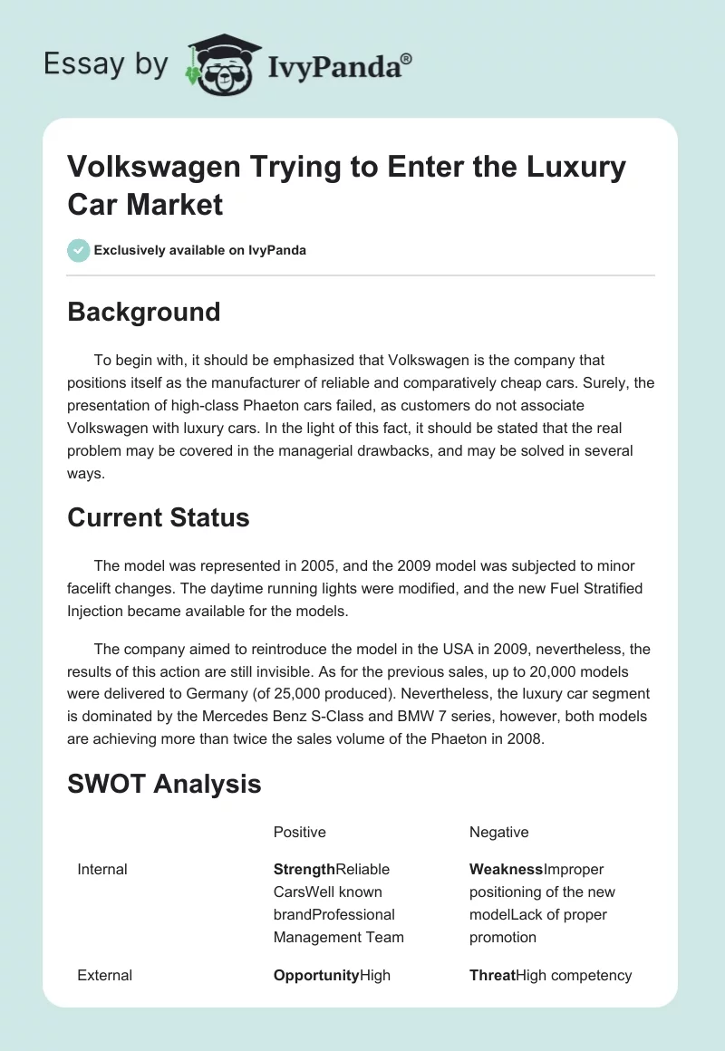 Volkswagen Trying to Enter the Luxury Car Market. Page 1