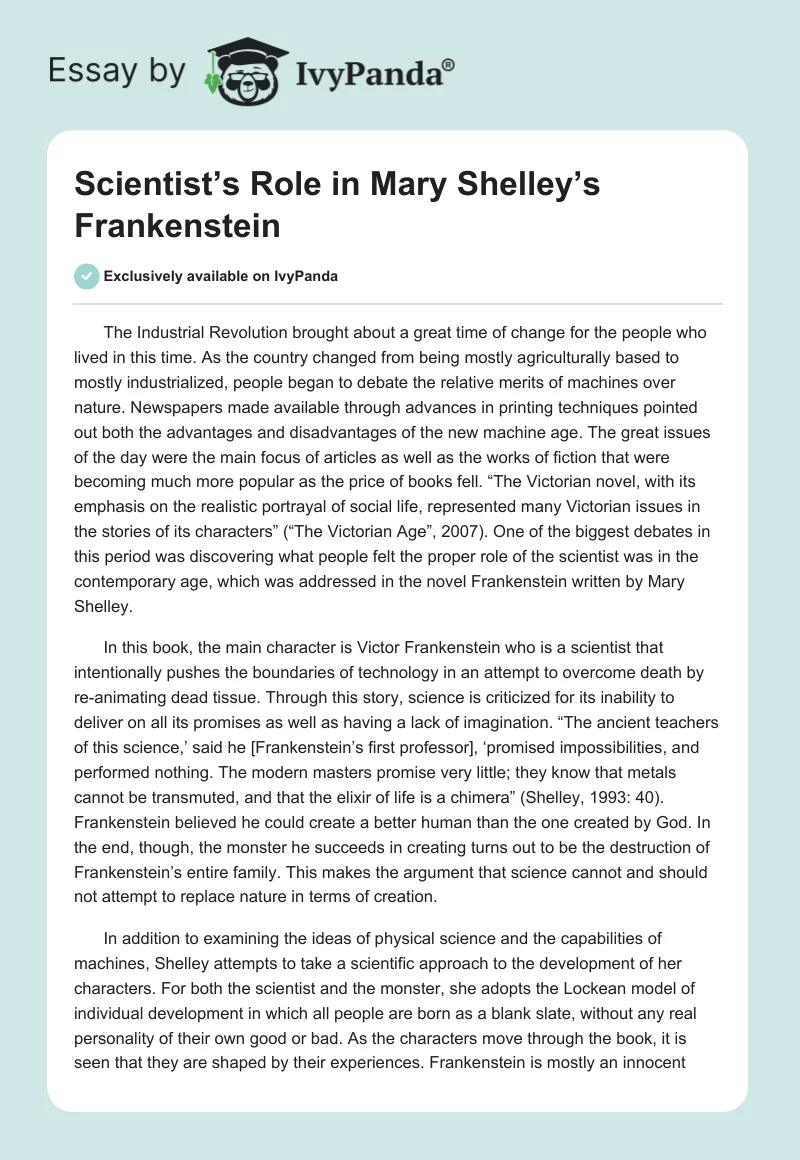 Scientist’s Role in Mary Shelley’s Frankenstein. Page 1