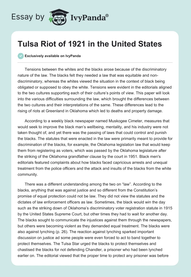 Tulsa Riot of 1921 in the United States. Page 1