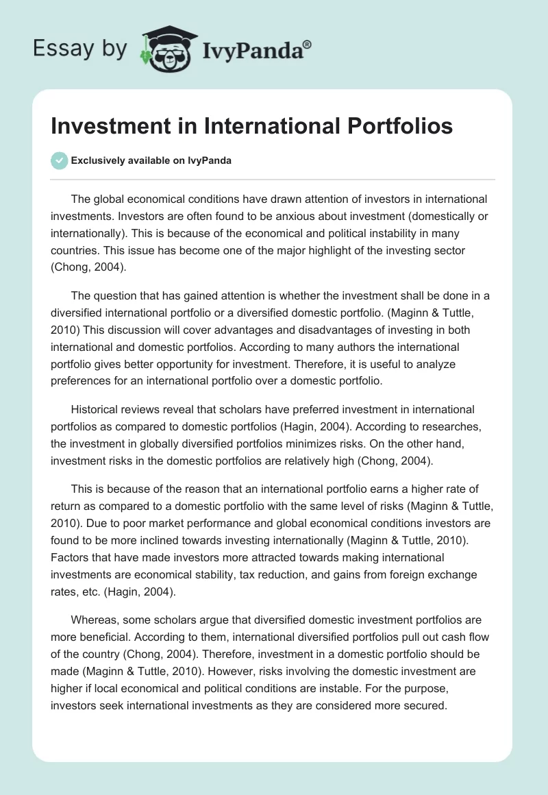 Investment in International Portfolios. Page 1