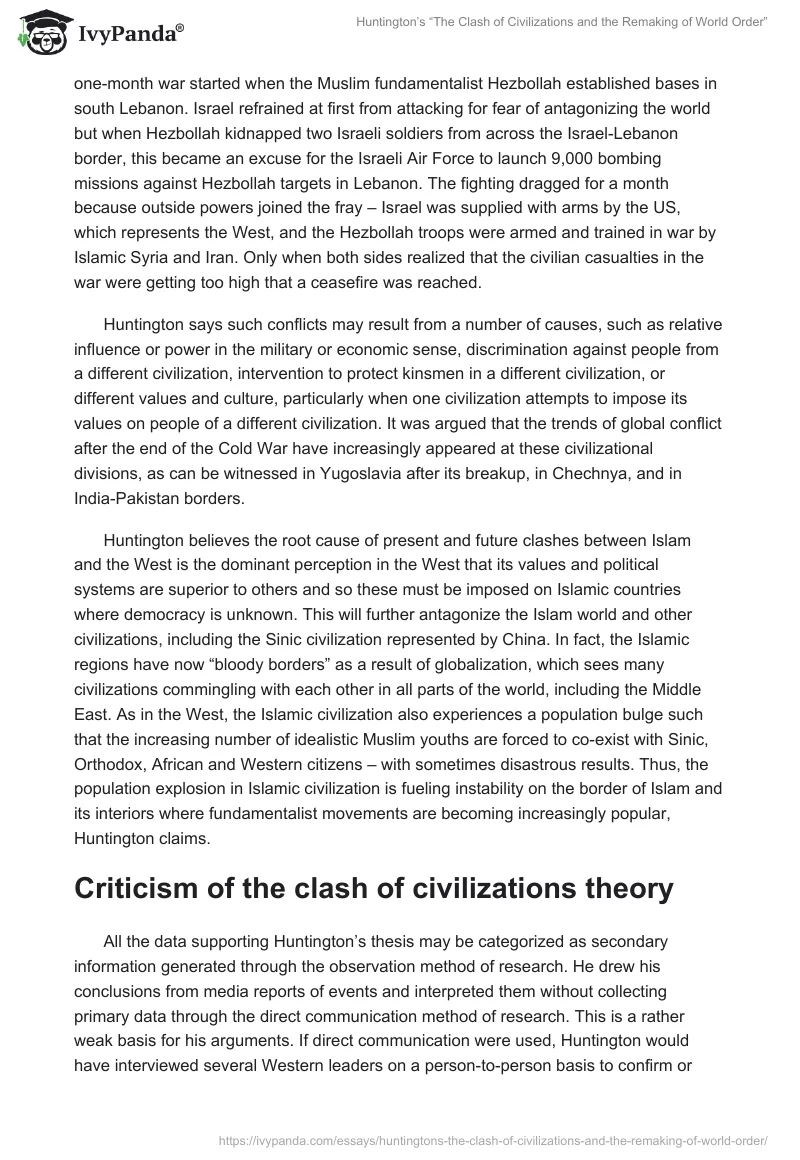 Huntington’s “The Clash of Civilizations and the Remaking of World Order”. Page 3
