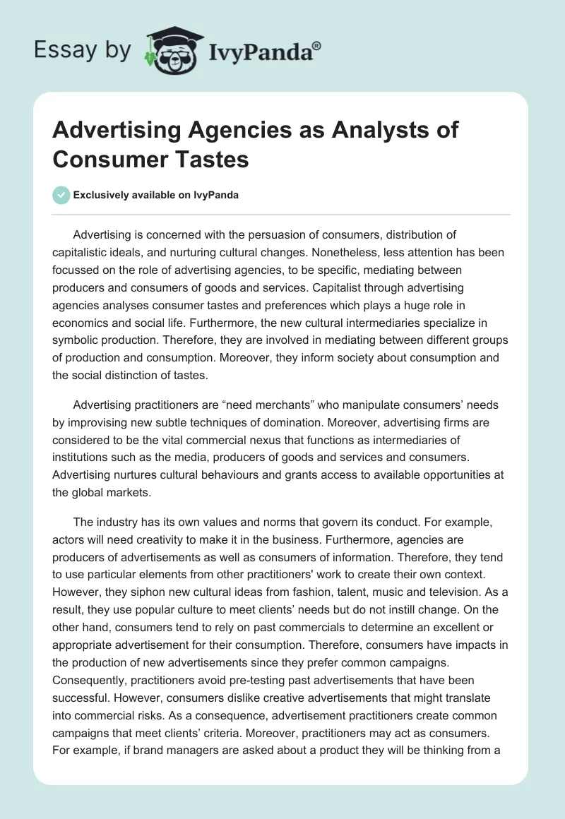 Advertising Agencies as Analysts of Consumer Tastes. Page 1