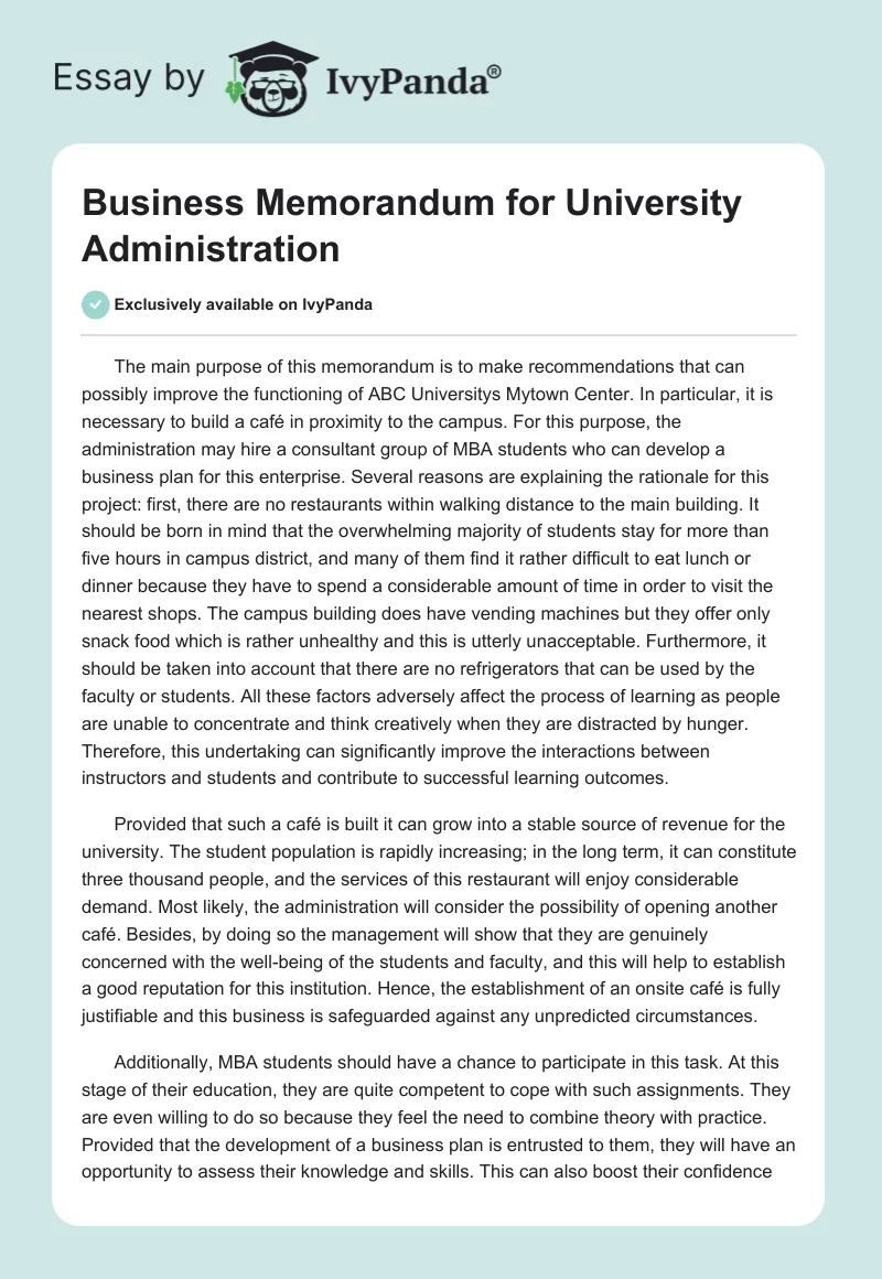Business Memorandum for University Administration. Page 1