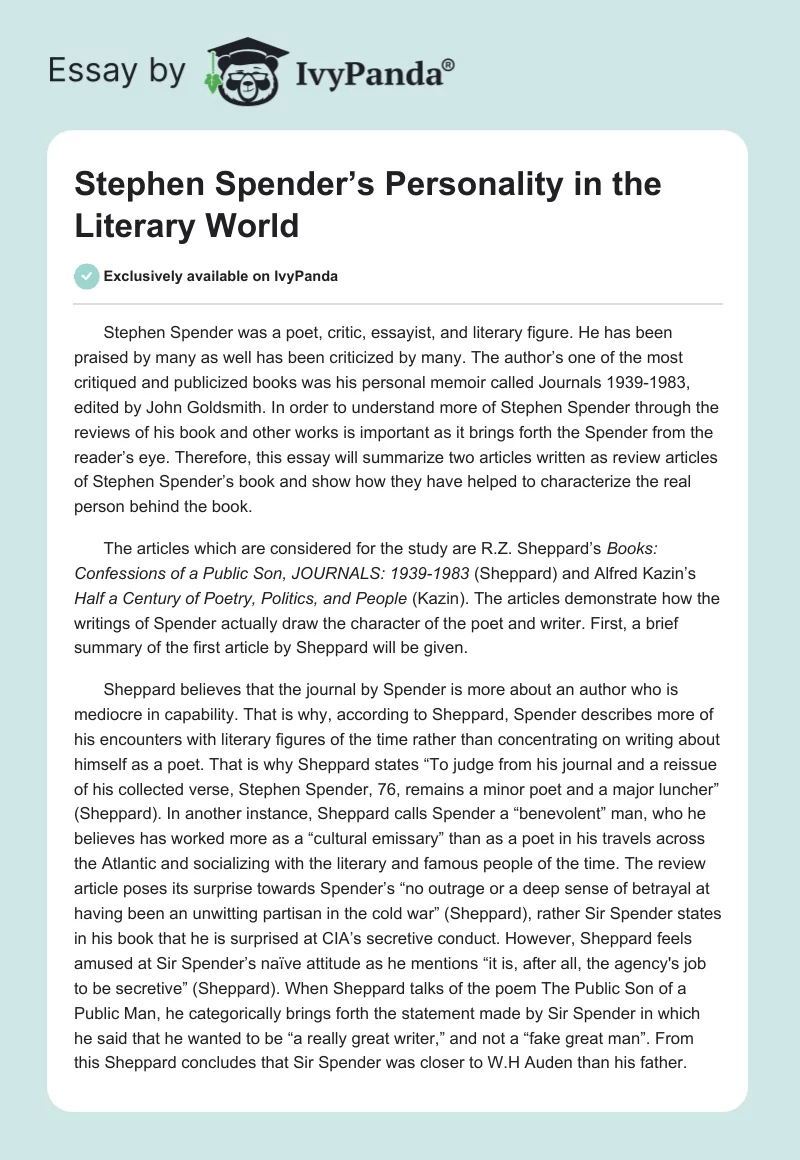 Stephen Spender’s Personality in the Literary World. Page 1