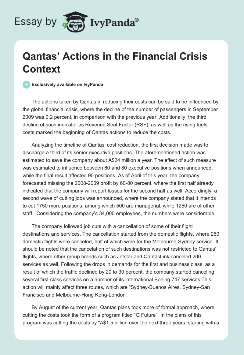 Qantas’ Actions in the Financial Crisis Context. Page 1