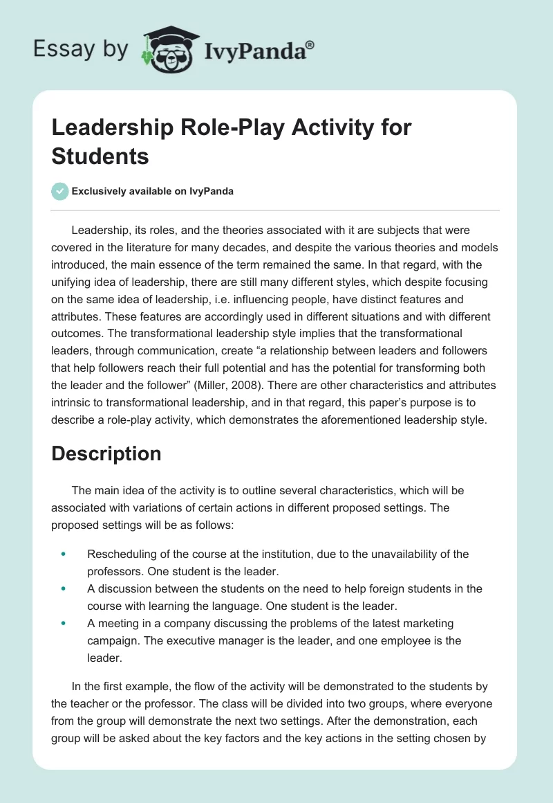 Leadership Role-Play Activity for Students. Page 1