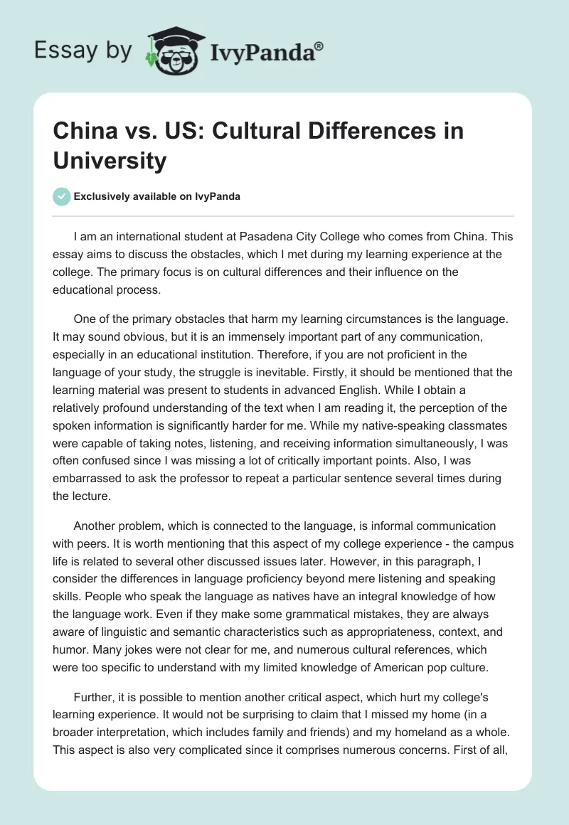 China vs. US: Cultural Differences in University. Page 1