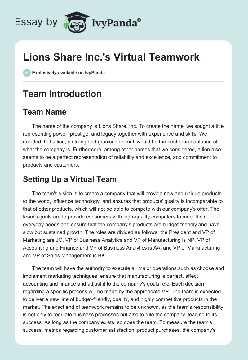 Lions Share Inc.'s Virtual Teamwork. Page 1