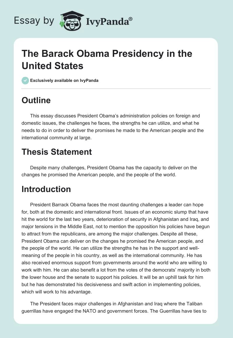 The Barack Obama Presidency in the United States. Page 1