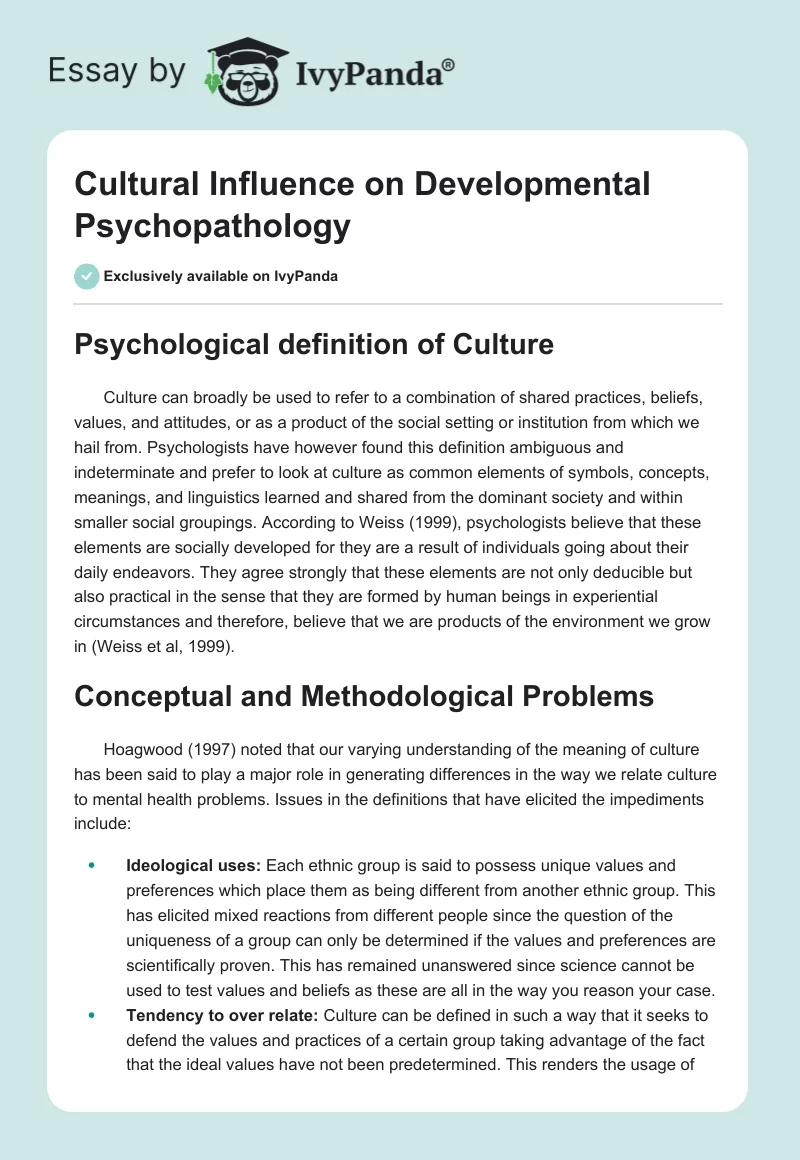 Cultural Influence on Developmental Psychopathology. Page 1