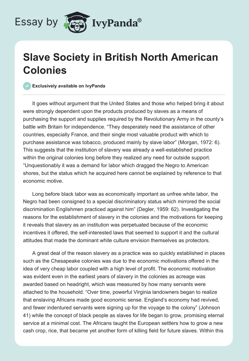 Slave Society in British North American Colonies. Page 1