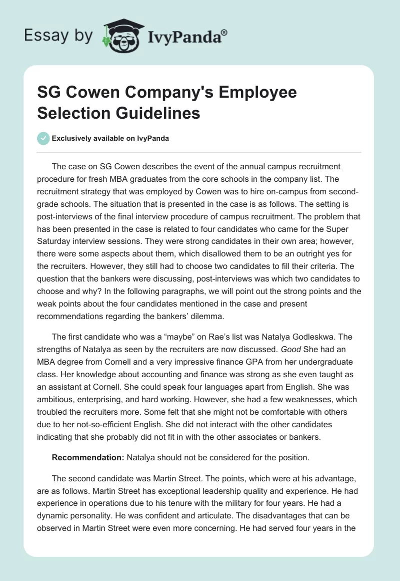 SG Cowen Company's Employee Selection Guidelines. Page 1