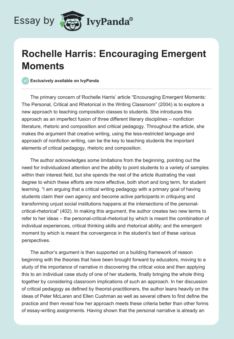 Rochelle Harris: Encouraging Emergent Moments. Page 1