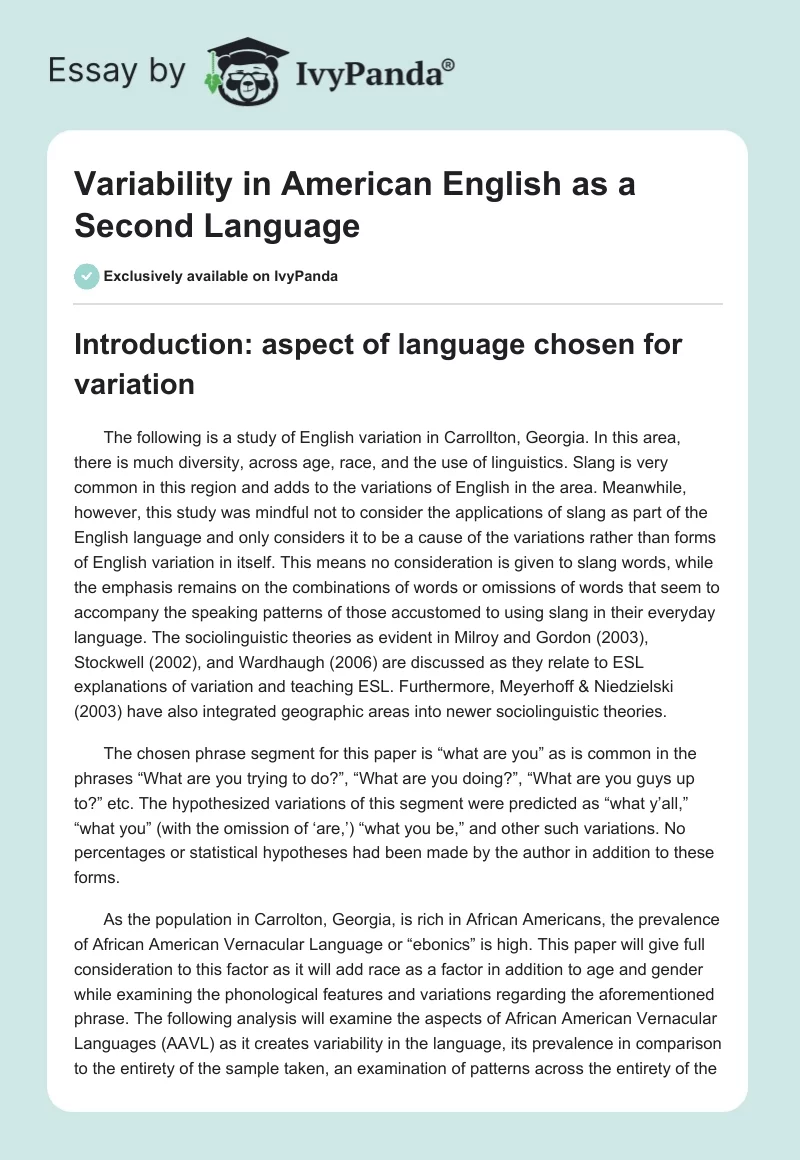 Variability in American English as a Second Language. Page 1