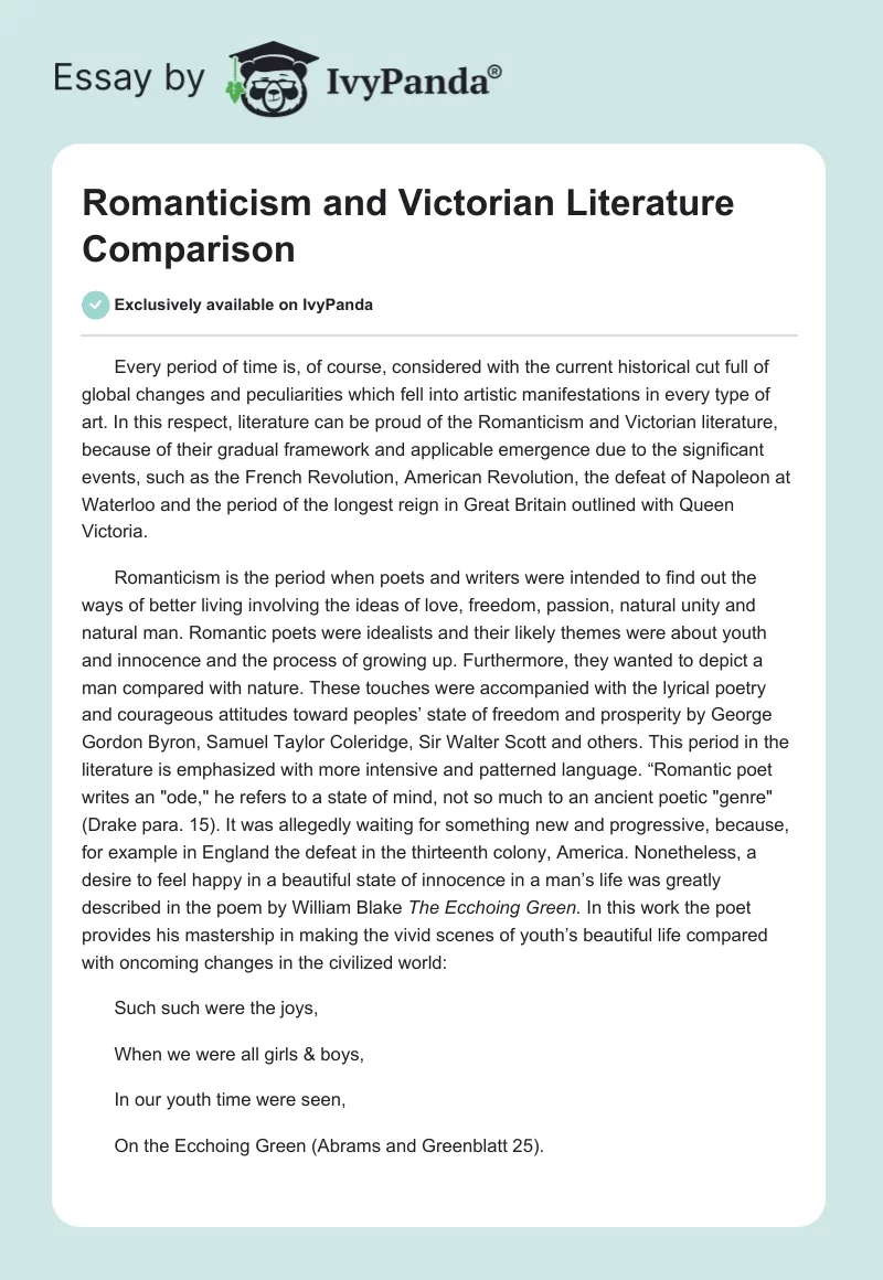 Romanticism and Victorian Literature Comparison. Page 1