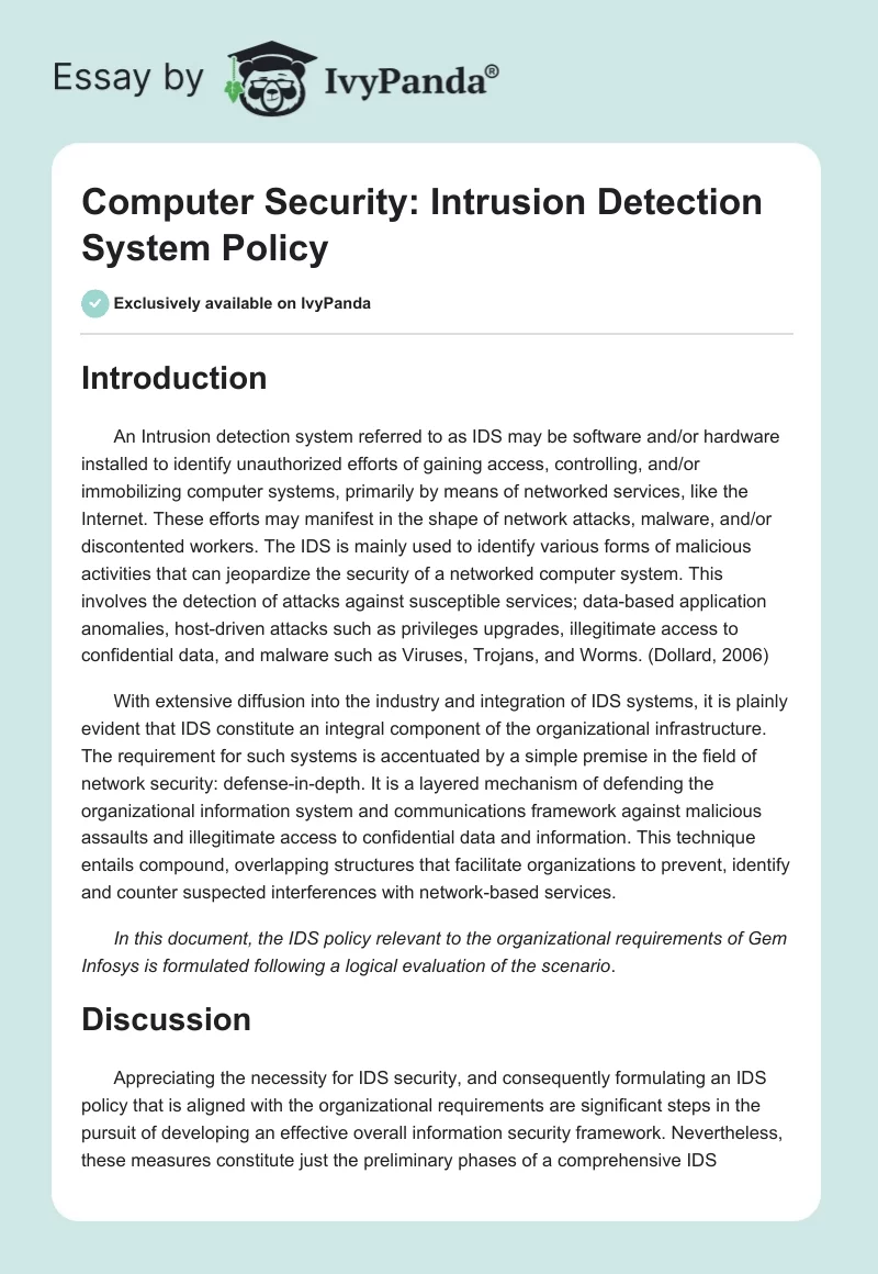 Computer Security: Intrusion Detection System Policy. Page 1