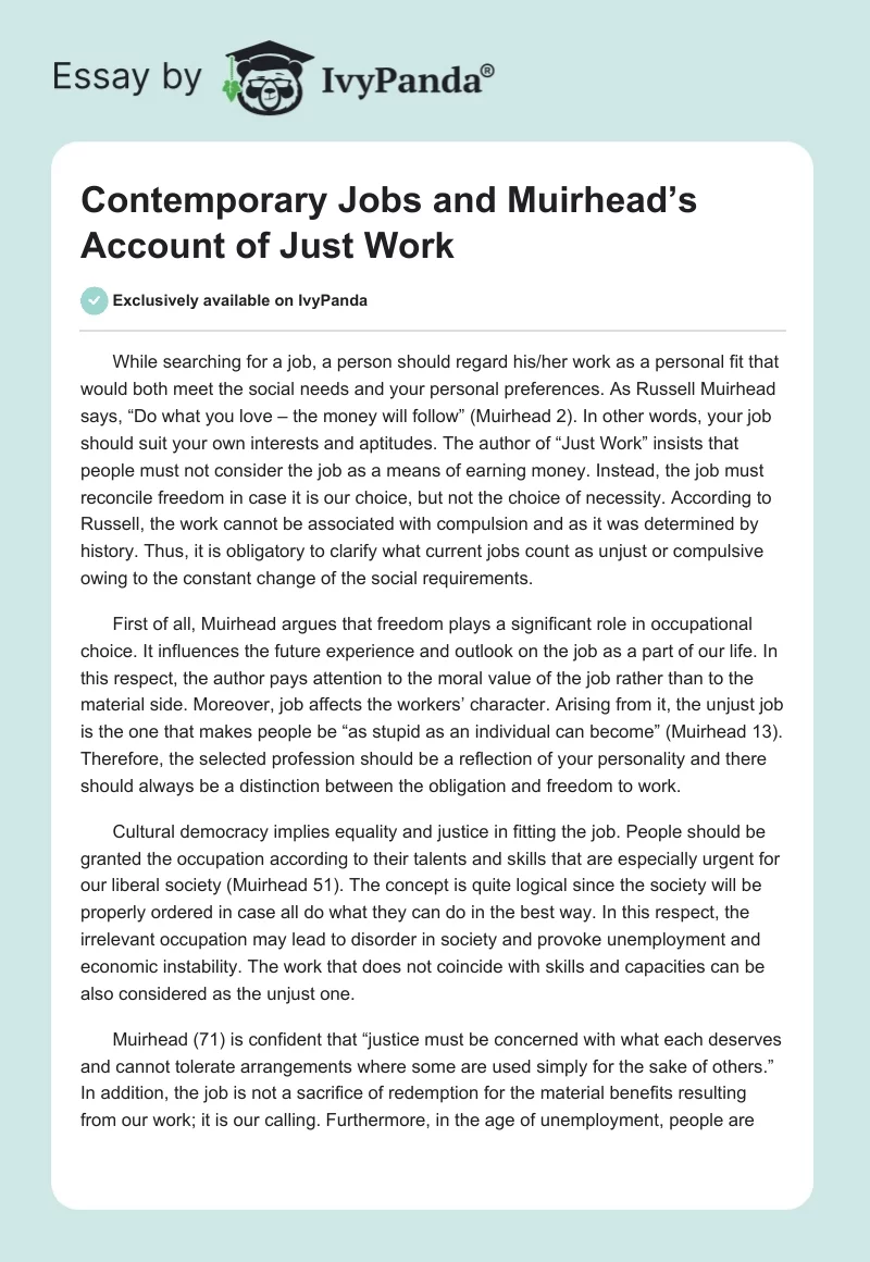 Contemporary Jobs and Muirhead’s Account of Just Work. Page 1