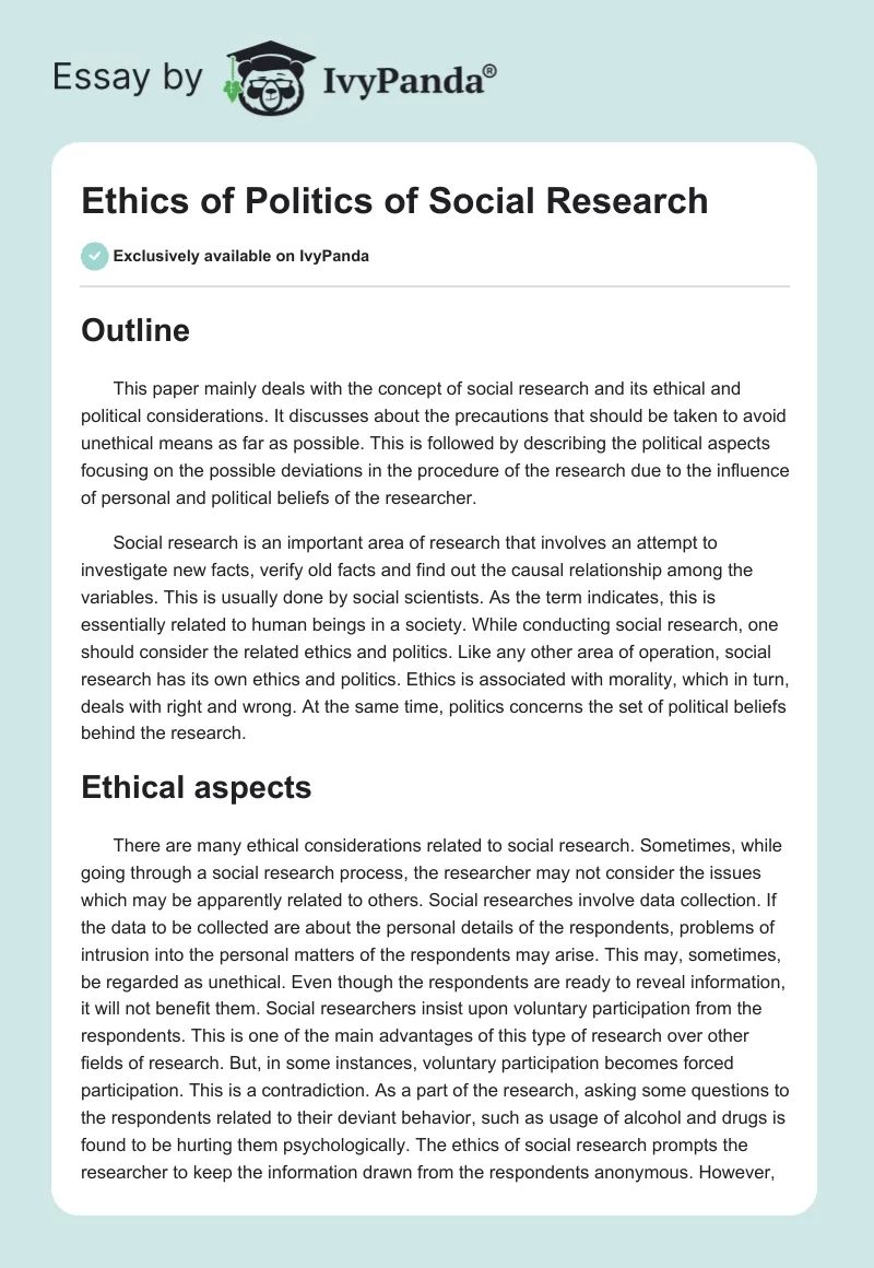 Ethics of Politics of Social Research. Page 1