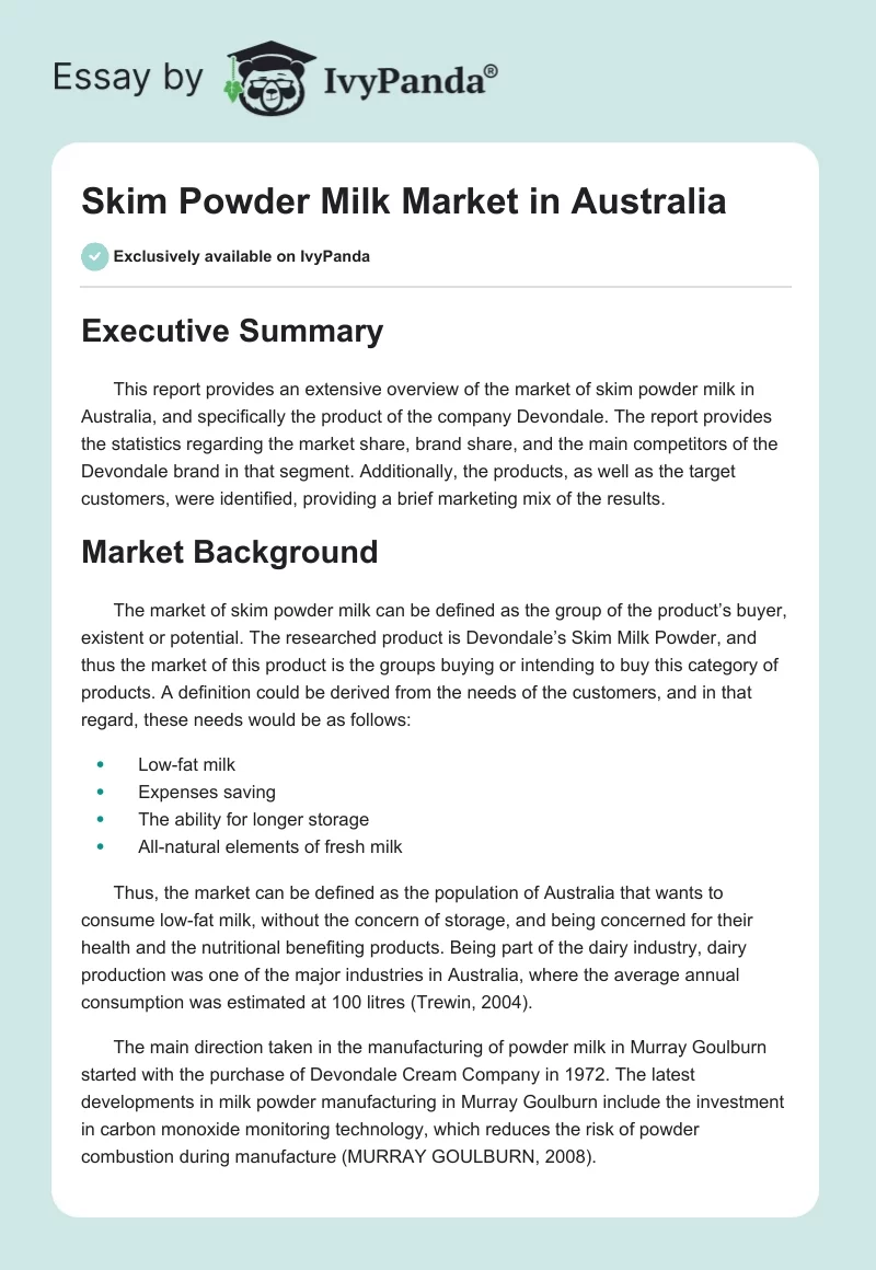 Skim Powder Milk Market in Australia. Page 1