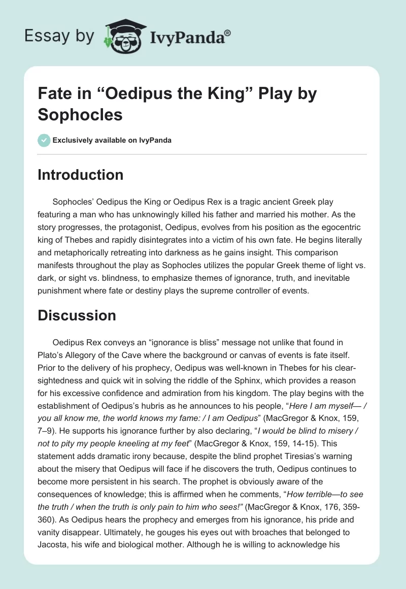 Fate in “Oedipus the King” Play by Sophocles. Page 1
