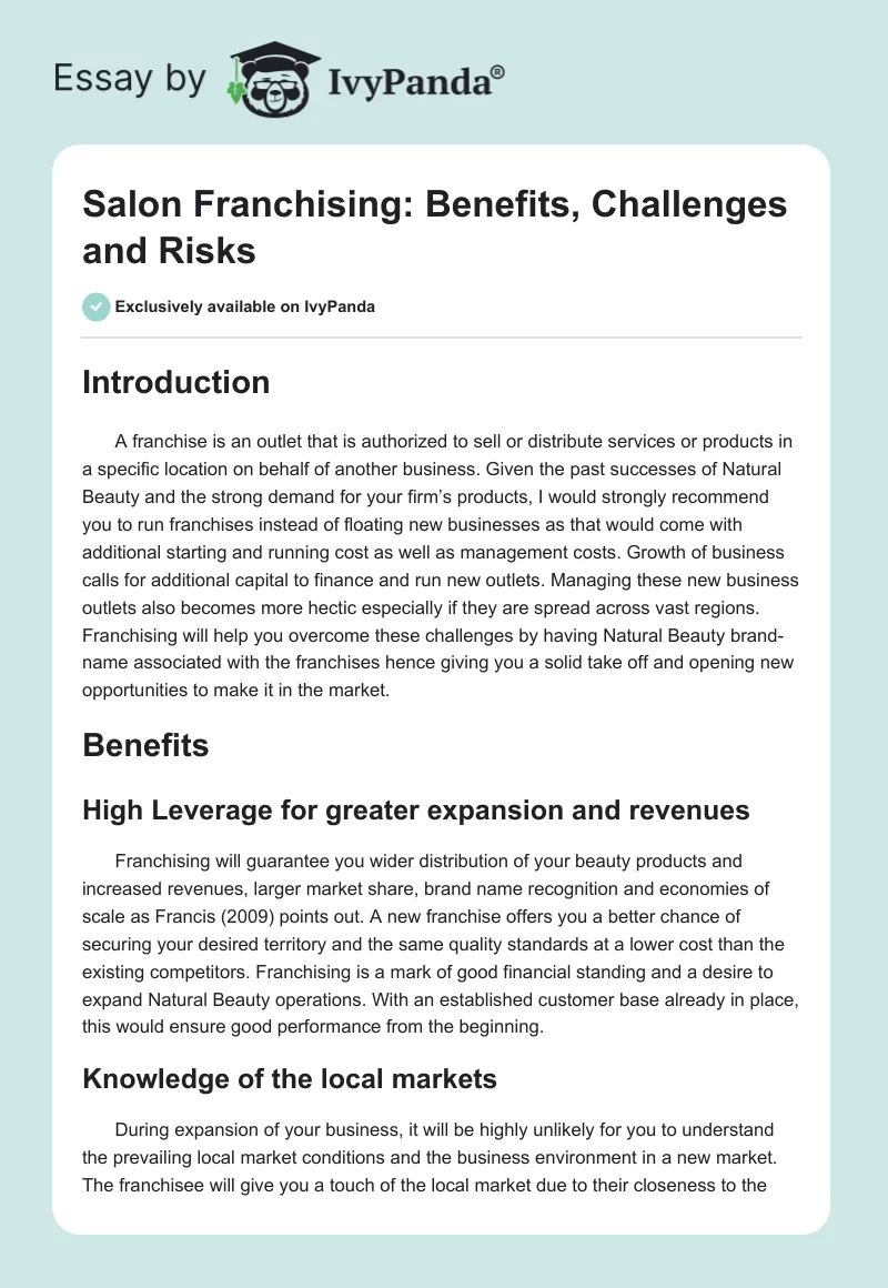 Salon Franchising: Benefits, Challenges and Risks. Page 1