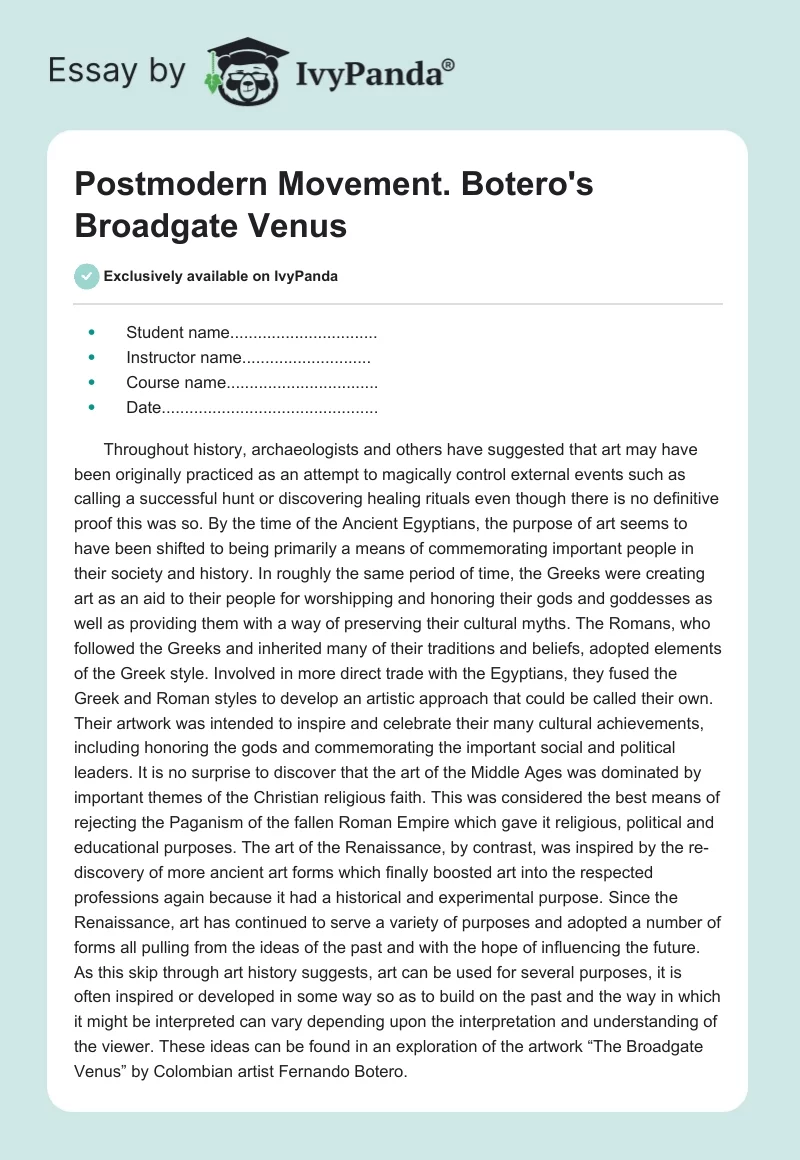 Postmodern Movement. Botero's "Broadgate Venus". Page 1