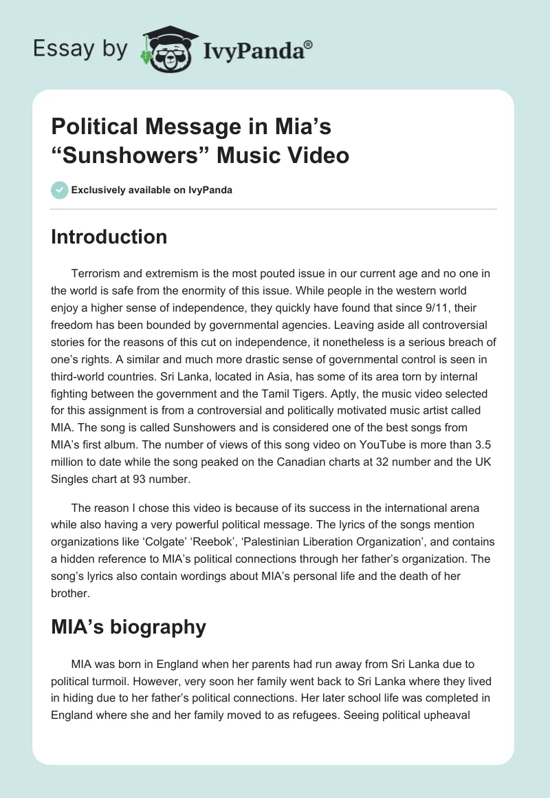 Political Message in Mia’s “Sunshowers” Music Video. Page 1