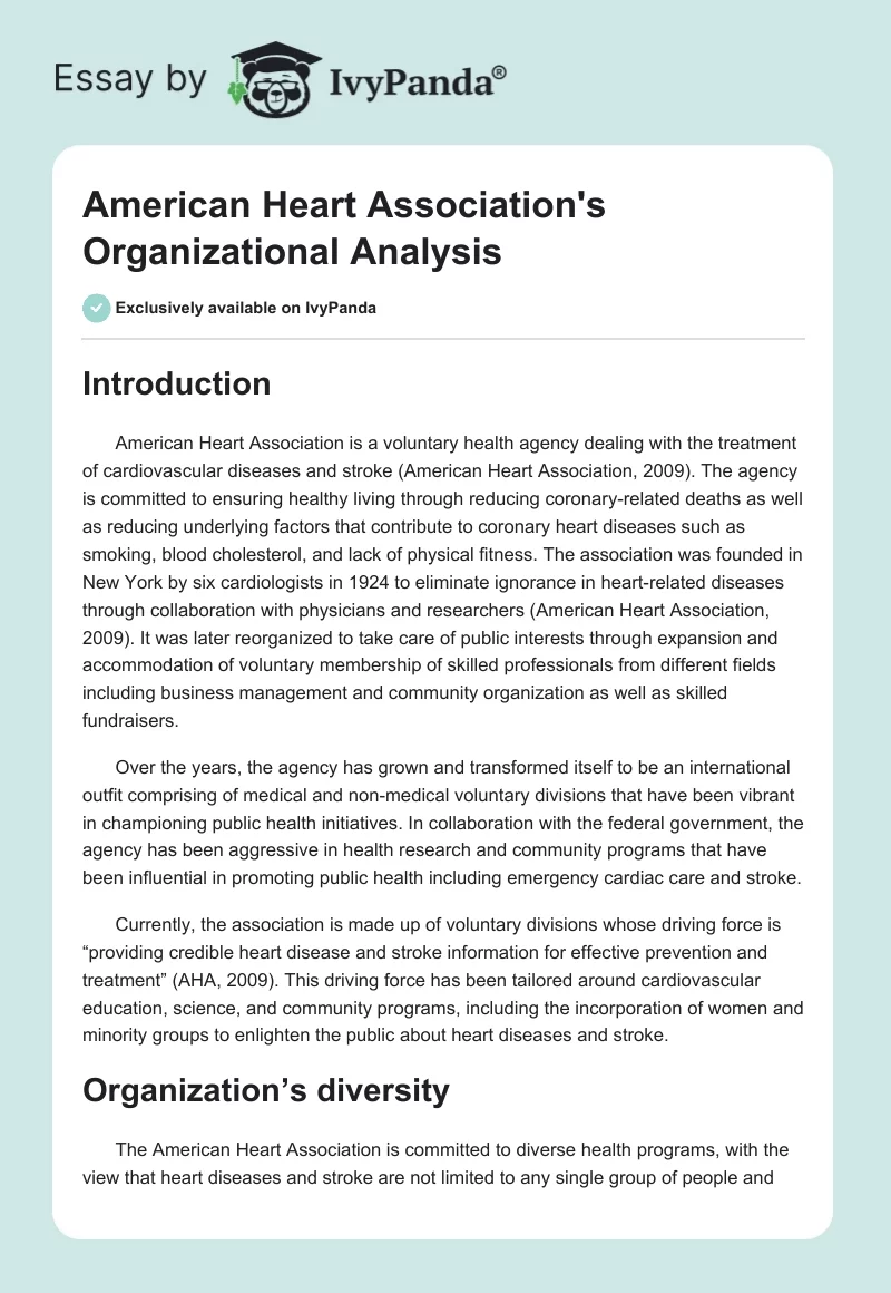 American Heart Association's Organizational Analysis. Page 1