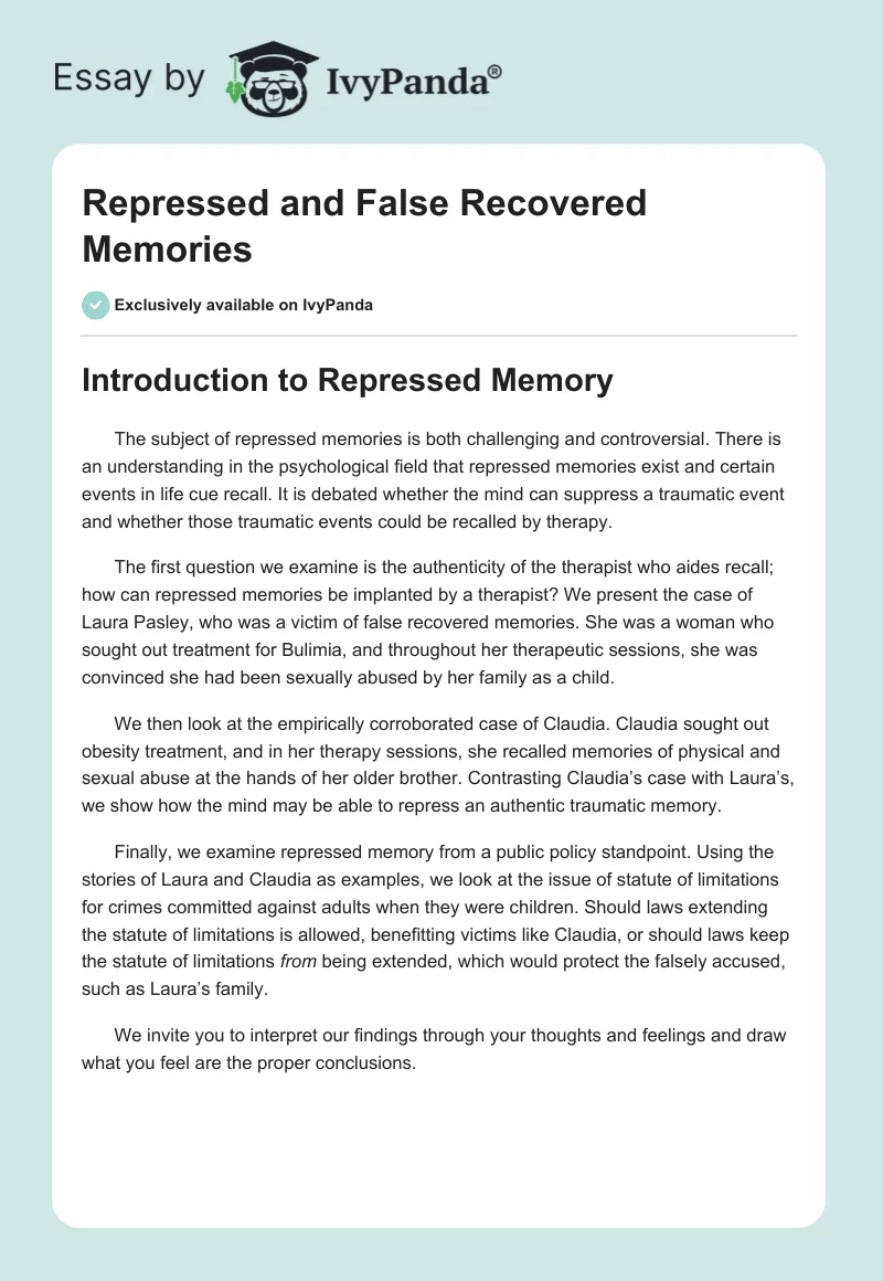 Repressed and False Recovered Memories. Page 1