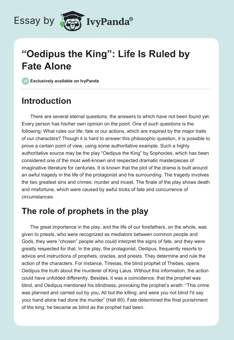 “Oedipus the King”: Life Is Ruled by Fate Alone. Page 1
