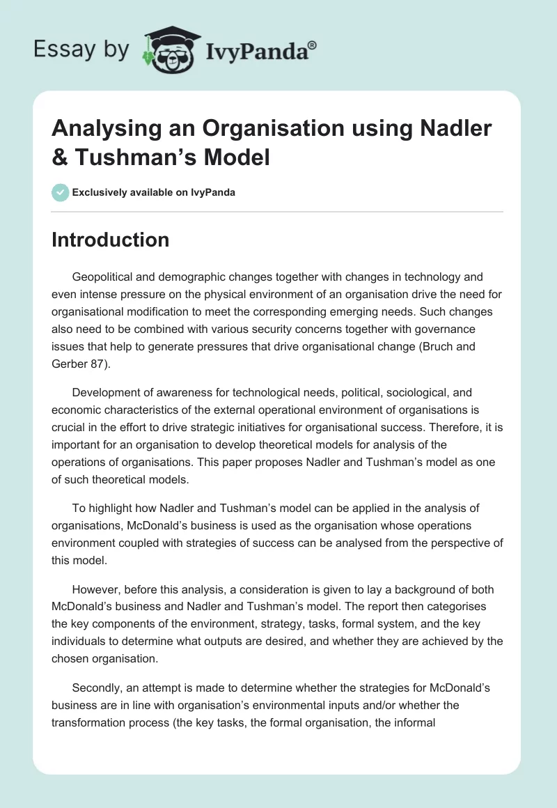 Analysing an Organisation using Nadler & Tushman’s Model. Page 1