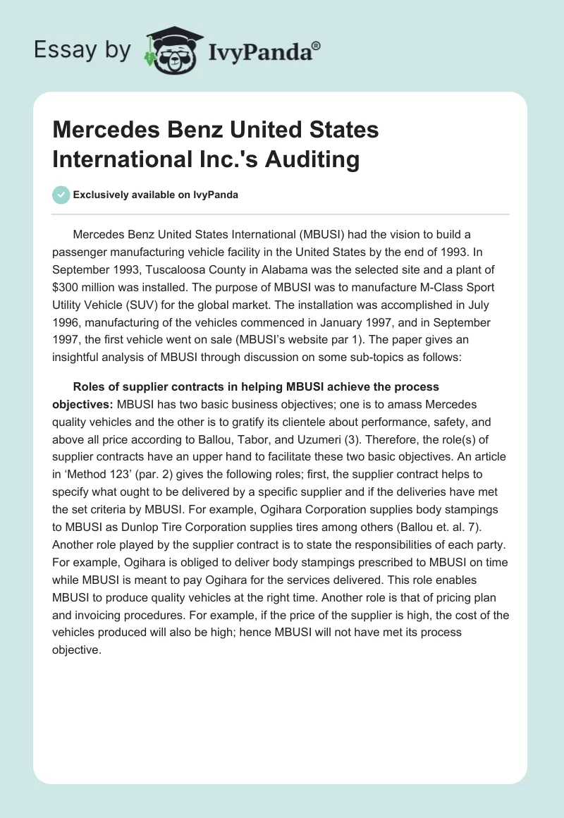 Mercedes Benz United States International Inc.'s Auditing. Page 1