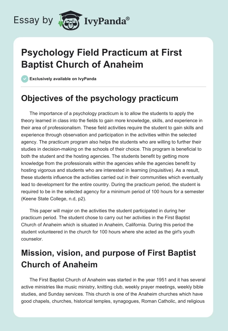 Psychology Field Practicum at First Baptist Church of Anaheim. Page 1